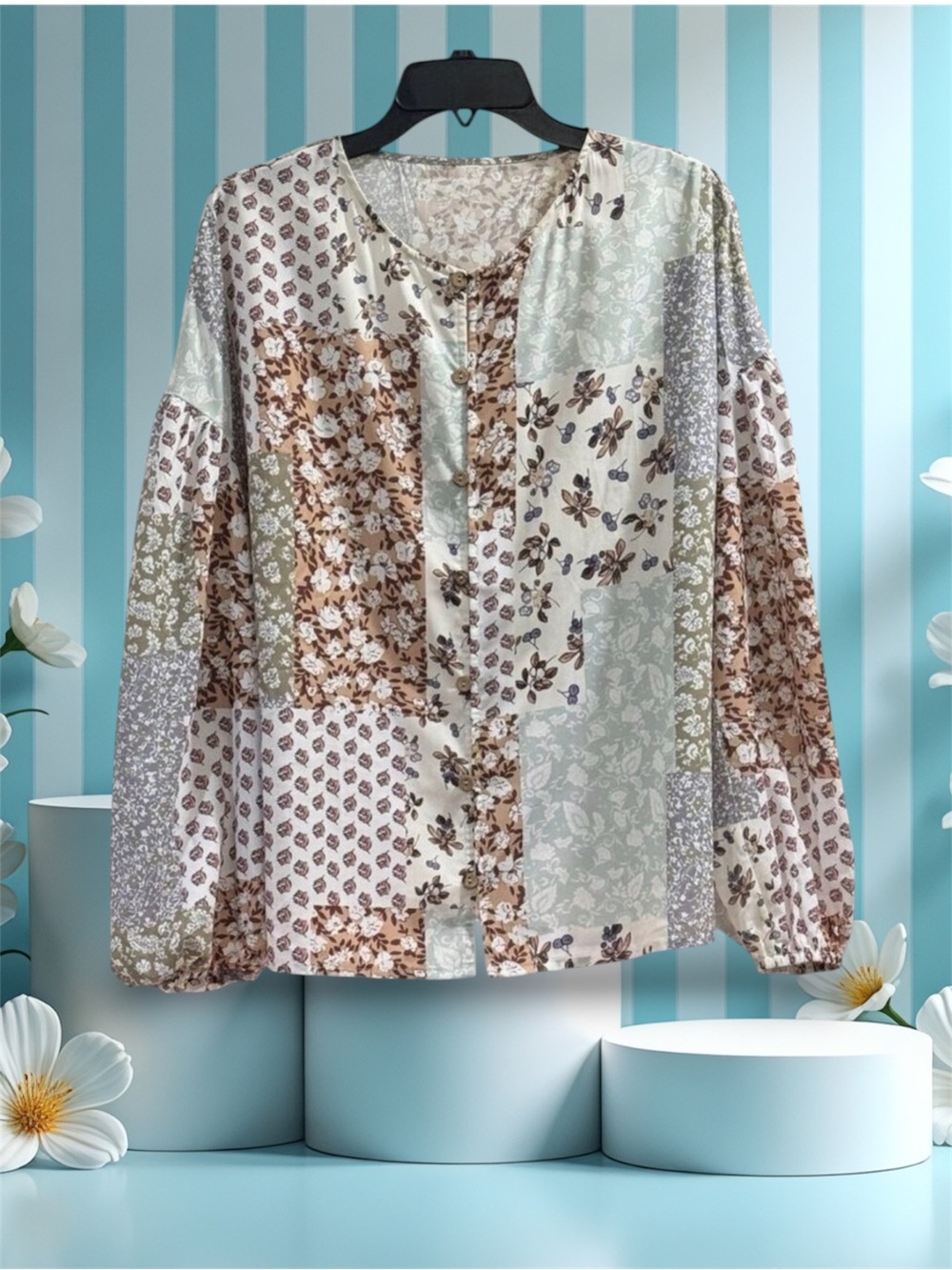 SHEIN Floral Patchwork Balloon Sleeve Women’s Blouse Size Large